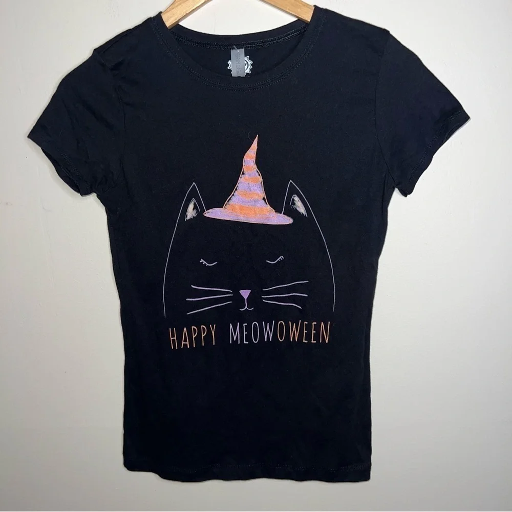 3/$25 🍄 Fifth Sun Black 'Happy Meowoween' Cat Tee Girls NWT Size XL 14-16